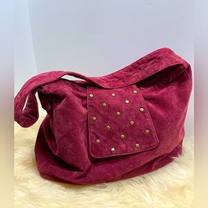 Lizden Genuine Suede Hobo Shoulder Bag Burgundy , Gold-tone Hardware Flap Front